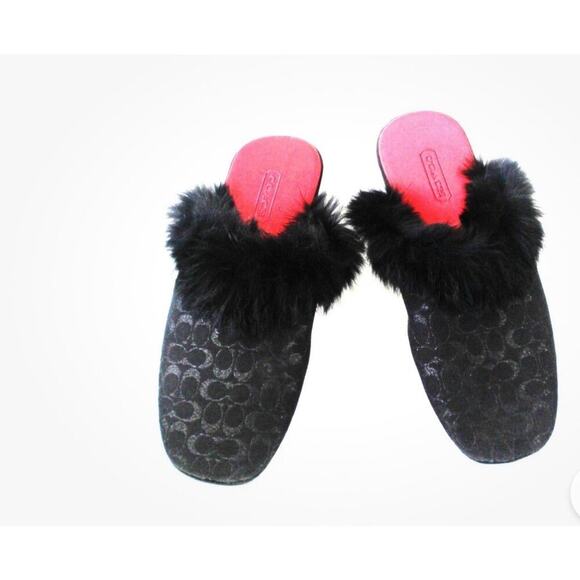 Auth Coach Signature Black Rabbit Fur Slippers Slides Sz 8 - Picture 4 of 10
